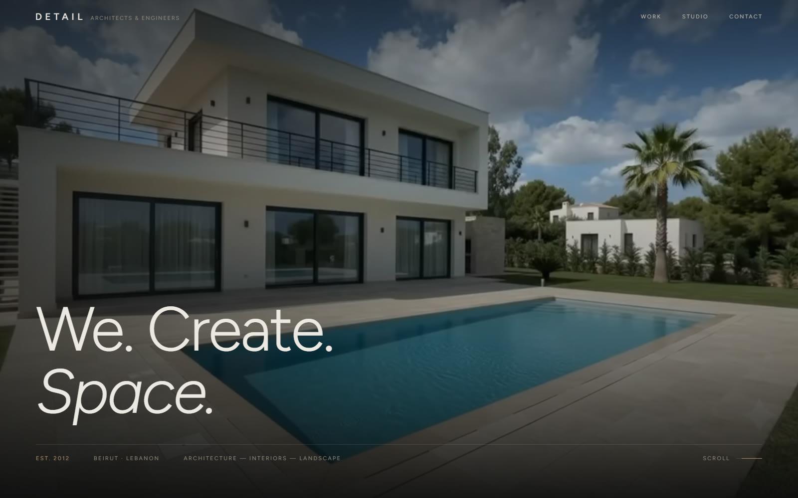 The DETAIL Architects and Engineers homepage: a white modernist villa beside a long pool, under the headline “We. Create. Space.”