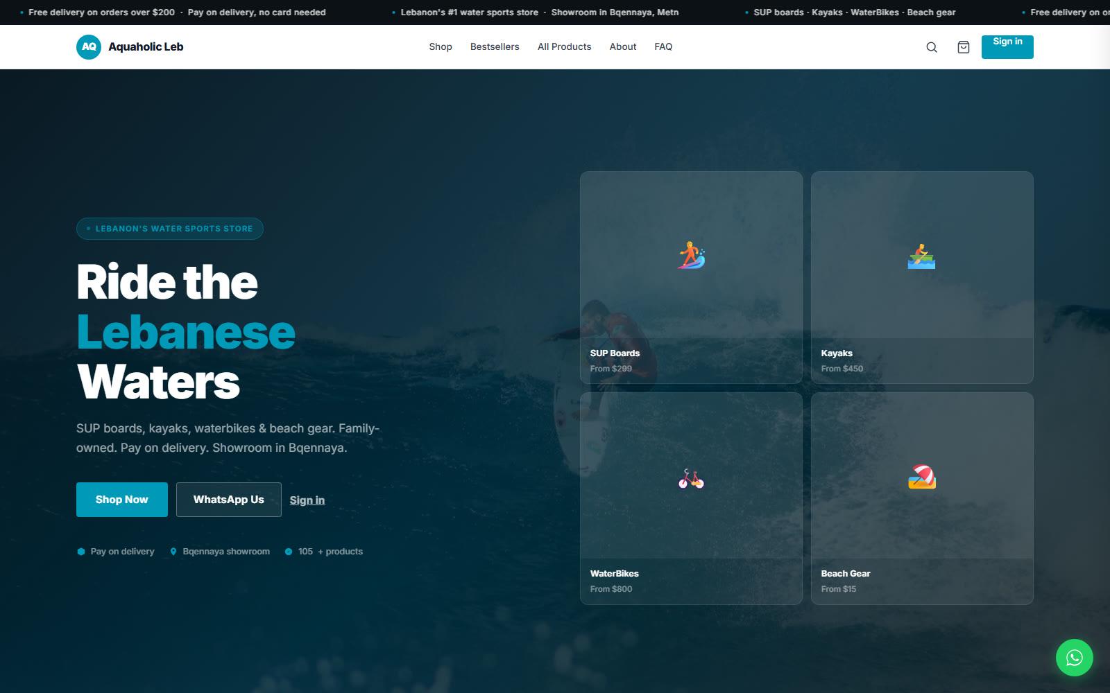 The Aquaholic Leb store homepage: “Ride the Lebanese Waters” over an underwater photograph, with category cards for SUP boards, kayaks, waterbikes and beach gear.